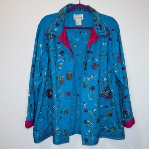 Quacker Factory Vibrant Blue beaded & Embroidered Floral Tapestry Jacket size L